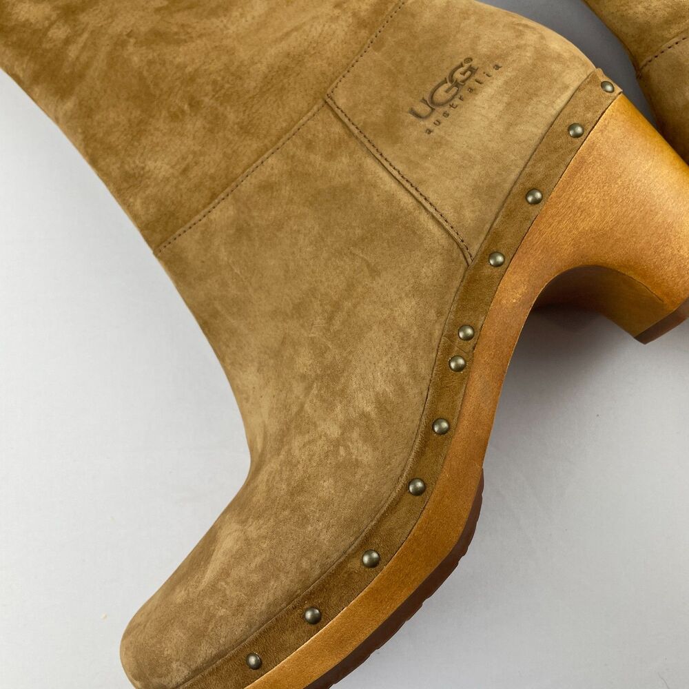 ~ UGG 10 Suede Clog Boots Tan Zip Camel Brown Women Tall Wood Heel Boho HTF Rare